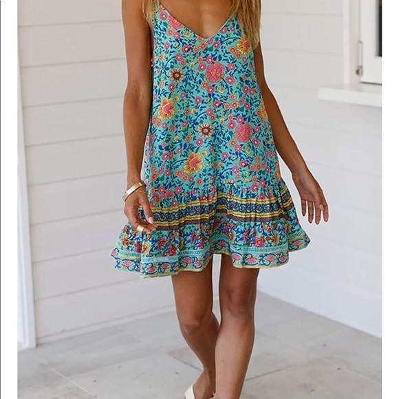 🏆Boho Turquoise Floral Dress - Picture 2 of 7